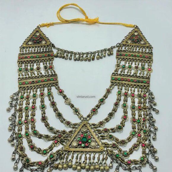 Multilayers Bib Necklace, Tribal Afghan Ethnic Handmade Kuchi Bib Necklace - Picture 5 of 8